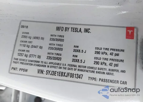 2018 Tesla Model 3 Long Range/Performance из США, поврежденный, VIN 5YJ3E1EBXJF081347